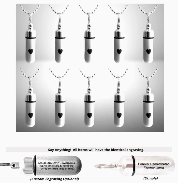Set of TEN Brushed Silver CREMATION URN Necklaces w/Simple Engraved Hearts - Memorial Jewelry, Loss of Loved One, Optional Engraving.