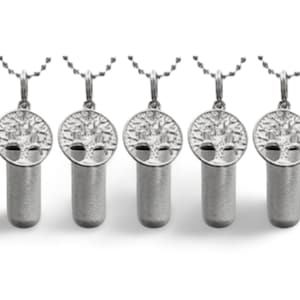 Set of 5 Brushed Silver TREE OF LIFE Cremation Urn Necklace with Laser Engraved Heart - Mourning Keepsake, Urn Necklace, Ashes Jewelry