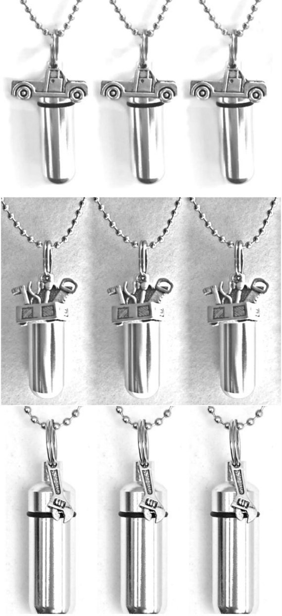 Set of 9 CREMATION JEWELRY Urn Necklaces for Contractor/Mechanic/Handyman  (3 Pickup Truck, 3 Toolbox, 3 Wrench) w/Ball Chains & Pouches