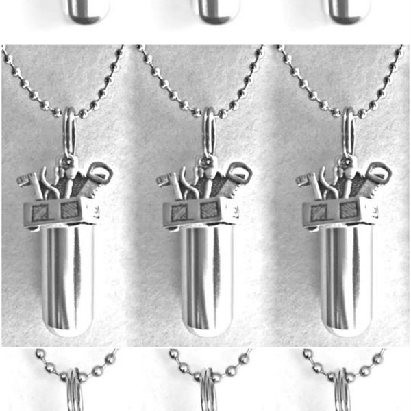 Set of 9 CREMATION JEWELRY Urn Necklaces for Contractor/Mechanic/Handyman  (3 Pickup Truck, 3 Toolbox, 3 Wrench) w/Ball Chains & Pouches