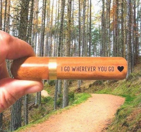 Laser Engraved "I Go Wherever You Go"  (with heart)  Rosewood Cremation Urn / Scattering Tube - Fits in Pocket/Purse, TSA Compliant.