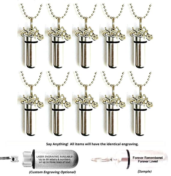 Set of Ten Polished Silver MOTORCYCLE CREMATION URN Necklace Keepsakes, Ashes Urn, Memorial Jewelry, Mourning Jewelry, Personalized Urn