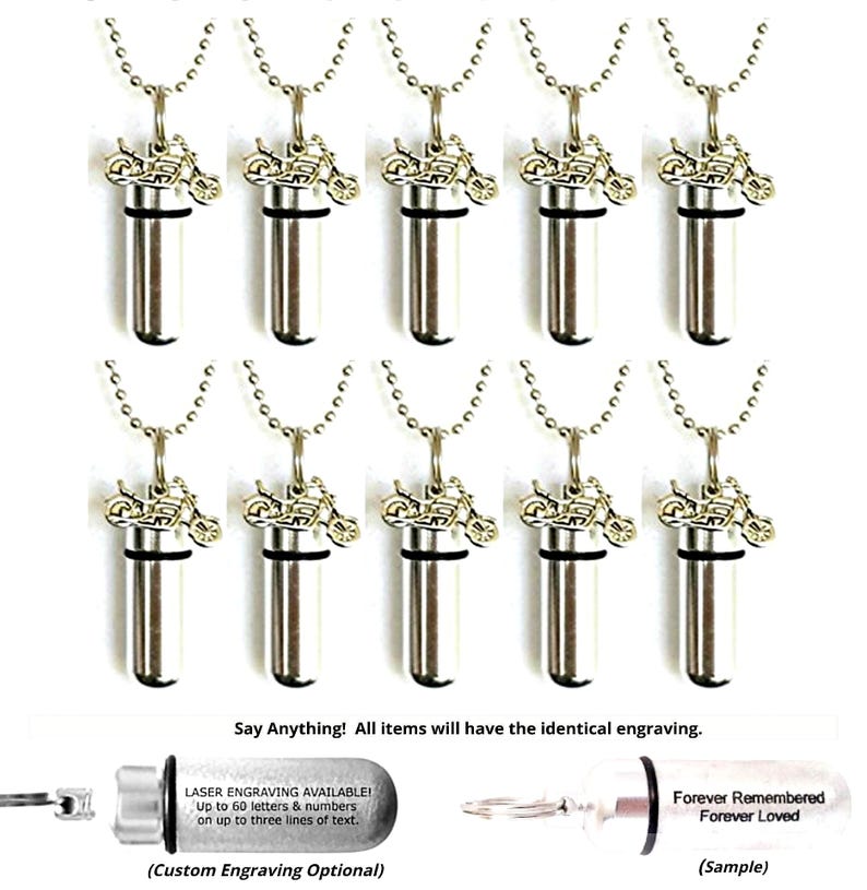 May include: Silver-colored motorcycle urn necklaces displayed in a group. Each necklace features a cylindrical pendant with a motorcycle charm and a ball chain. The image includes text about engraving options.