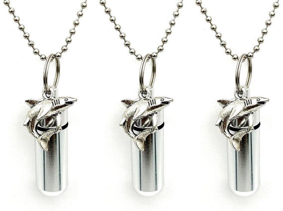 THREE Silver Shark Cremation Urns on 24" Steel Ball Chain Necklaces - Urn Necklace, Custom Engraving Available!!