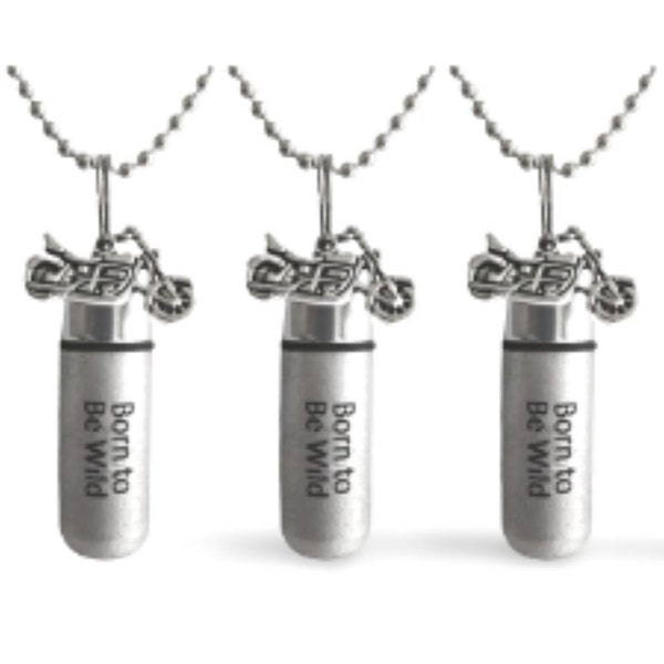 Set of 3 ENGRAVED Brushed Silver Cremation Urn Necklaces "Born To Be Wild" with Motorcycle - Urn Jewelry, Ashes Necklace, Memorial Keepsake