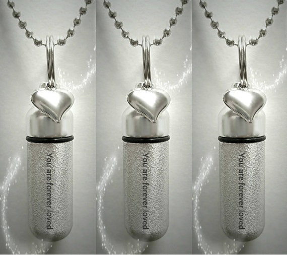 Set of 3 ENGRAVED Brushed Silver CREMATION URN Necklaces "You are forever loved"  with Heart Charm - Includes Velvet Pouches & Fill-Kit