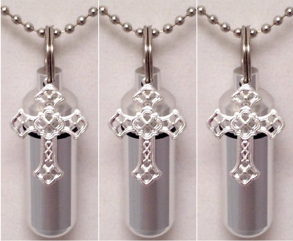 Set of THREE Polished Silver Cross Anointing Oil Holders with 3 Velvet Pouches, 3 Ball Chain Necklaces