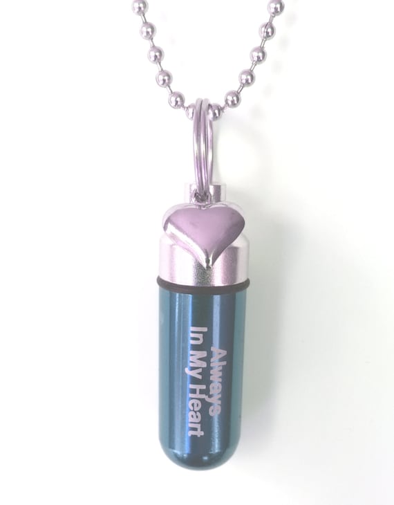 Blue Engraved "Always In My Heart" with Silver Heart  - Cremation Urn Necklace - Hand Assembled.... with Velvet Pouch and Fill Kit