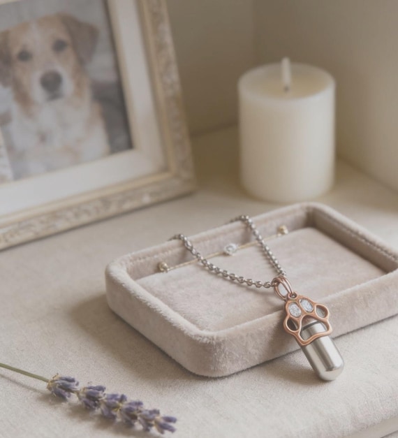 Silver Cremation Urn on 24" Ball-Chain Necklace with Gold Pet Paw - Personalized Urn