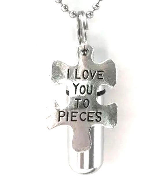 Personal Cremation Urn with "I Love You To Pieces" Engraved Pendant - Includes Velvet Pouch, 24" Steel Ball Chain Necklace and Fill Kit