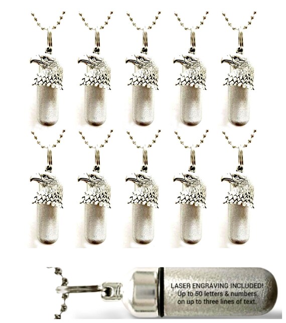 10 Brushed Silver "Bald Eagle" CREMATION URN 24" Necklaces w/Engraved US Flag - Memorial Jewelry, Laser Engraving Included.