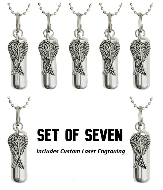 Set of Seven CREMATION URN NECKLACES with Angel Wings - Memorial Jewelry - Custom Engraving!
