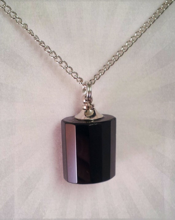 Faceted Black Classic Mourning Stone Crystal CREMATION URN on 24" Silver Necklace-  with Velvet Pouch and Fill Kit