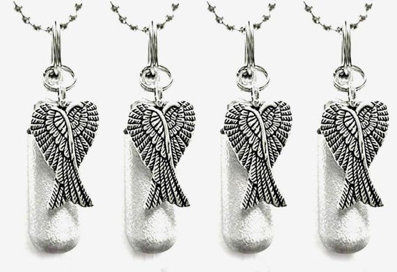 Set of FOUR Brushed Silver Angel Wing Cremation Urns,  Memorial Keepsake Jewelry