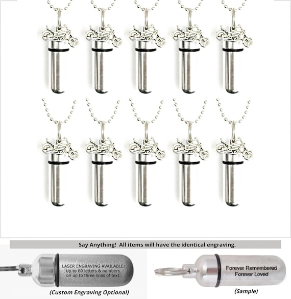 Set of TEN Polished Silver Motorcycle Cremation Urn Necklaces, Personalized - TSA COmpliant
