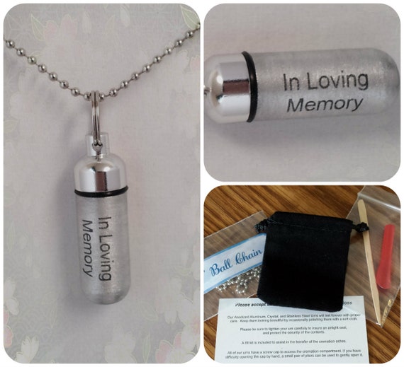 Engraved "In Loving Memory" Cremation Urn Necklace - Hand Assembled with Velvet Pouch and Fill Kit