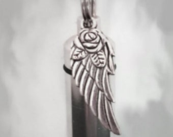 Rose Wing Cremation Urn Necklace, Memorial Ashes Keepsake, 24" Steel Chain