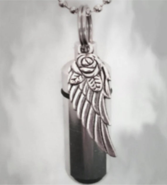 Rose On Wing CREMATION URN on 24" Steel Necklace, Memorial Keepsake, Mourning Jewelry, Ashes Necklace, Child loss, Pet Urn, Personalized Urn