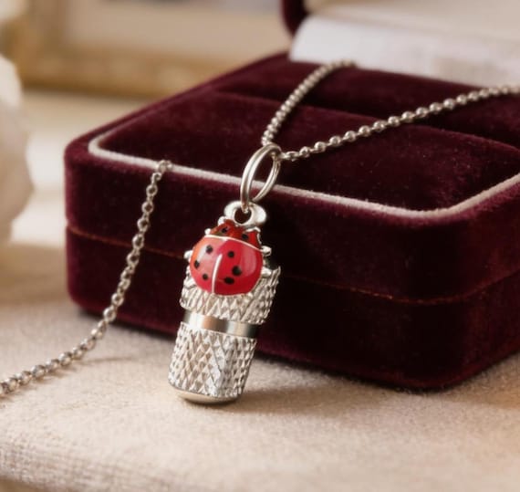 Ladybug Cremation Urn Necklace – Silver Memorial Jewelry, 24" Ball Chain