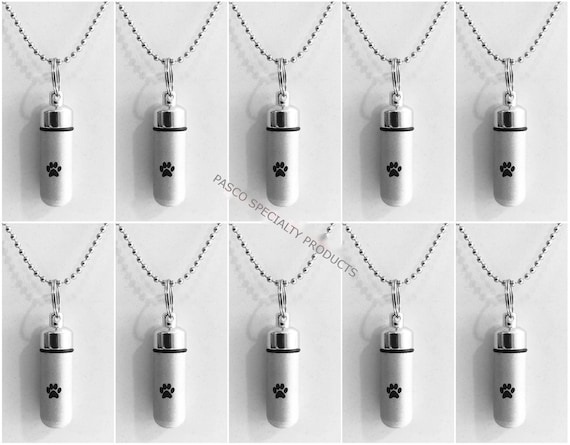 Pet Set of TEN Brushed Silver CREMATION URN Necklaces w/Simple Engraved Paws - Ashes Necklace, Memorial Jewelry, Mourning Jewelry, Pet Ashes