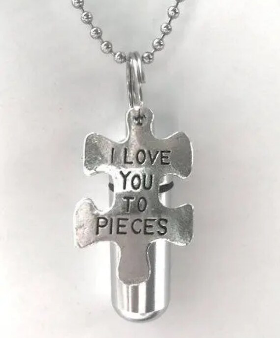 Personal Cremation Urn with "I Love You To Pieces" Engraved Pendant - Includes Velvet Pouch, 24" Steel Ball Chain Necklace and Fill Kit