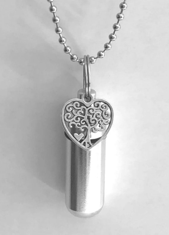 Filigree Silver Heart with Tree-Of-Life CREMATION URN - Includes 24" Ball Chain Necklace, Black Velvet Pouch and Fill Kit