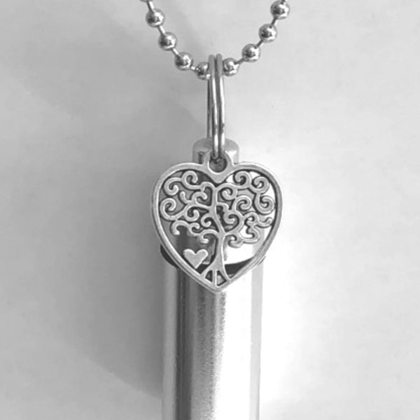 Filigree Silver Heart with Tree-Of-Life CREMATION URN - Includes 24" Ball Chain Necklace, Black Velvet Pouch and Fill Kit