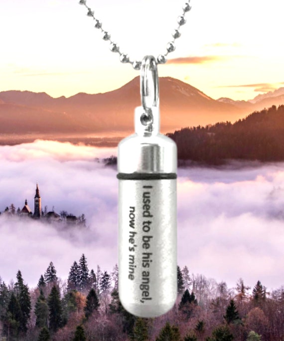 ENGRAVED Brushed Silver CREMATION URN Necklace "I used to be his angel, now he's mine"  Includes Velvet Pouch, Ball Chain & Fill-Kit