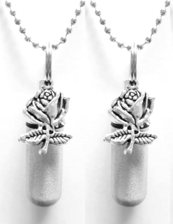 Set of TWO Brushed Silver Anointing Oil Holders  with Silver Roses - With Velvet Pouches, Ball-Chain Necklaces