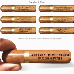 Peut inclure: Urnes en bois avec des bandes dorées et du texte gravé au laser. Des exemples incluent "Forever Remembered", "We Love You Dad" et "Gone Fishing in Heaven". L'image indique également "INCLUDES CUSTOM LASER ENGRAVING UP TO 60 CHARACTERS".