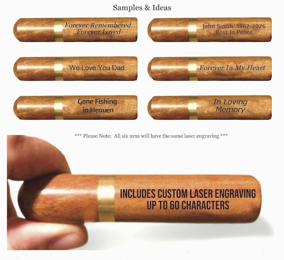Set of Six PERSONALIZED Rosewood Cremation Urns / Scattering Tubes - Fits Pocket/Purse, Perfect for Travel, TSA Compliant, Custom Engraved