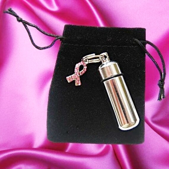 Cremation Urn with Jeweled Breast Cancer Awareness Charm, Keychain/Keepsake, w/Velvet Pouch & Fill Kit - Mourning Jewelry, Personalized Urn