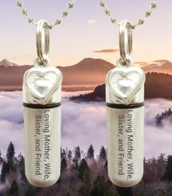 Set of Two ENGRAVED Brushed Silver CREMATION URN Necklaces "Loving Mother Wife Sister and Friend - w/Open Hearts,  Velvet Pouches & Fill-Kit