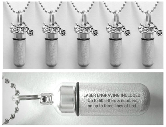 Set of SEVEN Brushed Silver CUSTOM ENGRAVED Motorcycle Cremation Urn Necklaces, Memorial Jewelry, Mourning Jewelry, Urn Necklace
