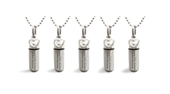 Set of 5 ENGRAVED Brushed Silver CREMATION URN Necklaces "Loving Father Husband Brother and Friend" w/Open Hearts, Velvet Pouches & Fill-Kit