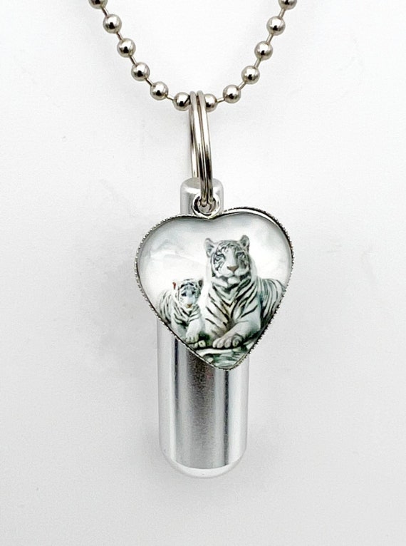 White Tiger & Cub - Cremation Urn on 24" Ball Chain Necklace with Velvet Pouch and Fill Kit