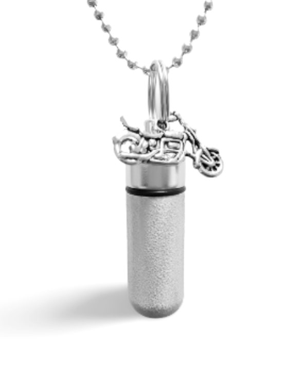 Hand-Brushed Silver 2-tone CREMATION URN with MOTORCYCLE on Ball-Chain Necklace - Ashes Jewelry, Mourning Keepsake, Pet Loss, Child Urn