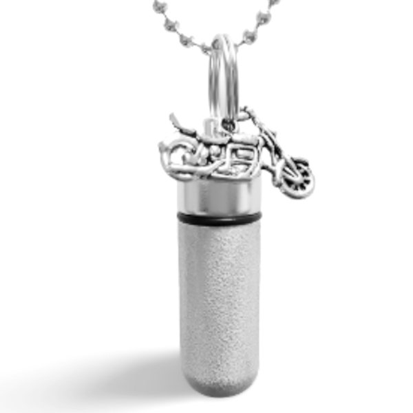Hand-Brushed Silver 2-tone CREMATION URN with MOTORCYCLE on Ball-Chain Necklace - Ashes Jewelry, Mourning Keepsake, Pet Loss, Child Urn