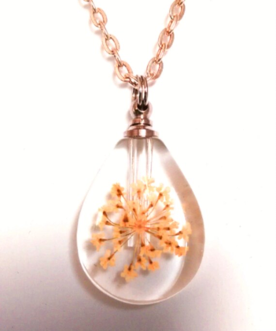 Clear Teardrop Crystal CREMATION URN NECKLACE with Embedded Dried Peach Color Flowers (each is unique) - Includes Velvet Pouch & Fill Kit