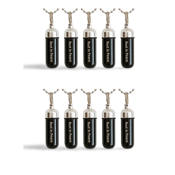 Black/Silver Set of TEN CREMATION URN Necklace Keepsakes - Engraved with "Rest In Peace"  - Cremation Jewelry, Urn Necklace, Ashes Keepsake