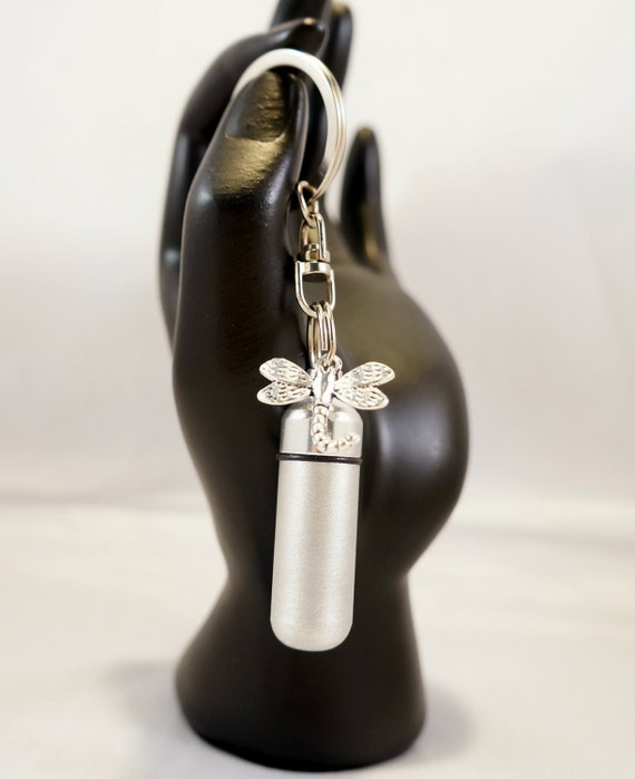 Brushed Silver Cremation Urn with DRAGONFLY Pendant on Stainless Steel Swivel Keyring - Keepsake Urn, Memorial Urn, Ashes Necklace