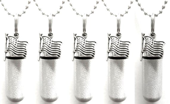 Laser Engraved Set of FIVE Brushed Silver US Flag Cremation Urn Necklaces - Memorial Jewelry