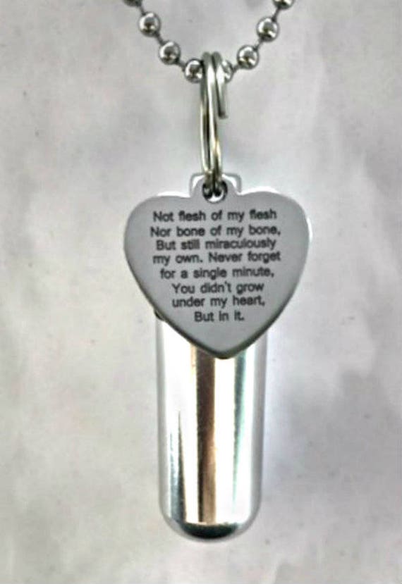 Personal CREMATION URN NECKLACE engraved with "Not Flesh Of My Flesh" (adopted/step-parent/foster) - with Velvet Pouch, Ball Chain, Fill Kit