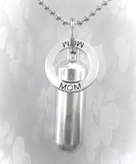 Silver CREMATION URN on 24" Ball Chain Necklace with Engraved MOM Ring Pendant - Loss of Loved One. Loss of Mother,