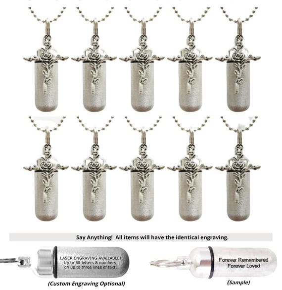 TEN Brushed Silver CREMATION URN Necklace Keepsakes w/Rose Cross & Laser Engraved Hearts - Memorial Jewelry, Personalized Urn