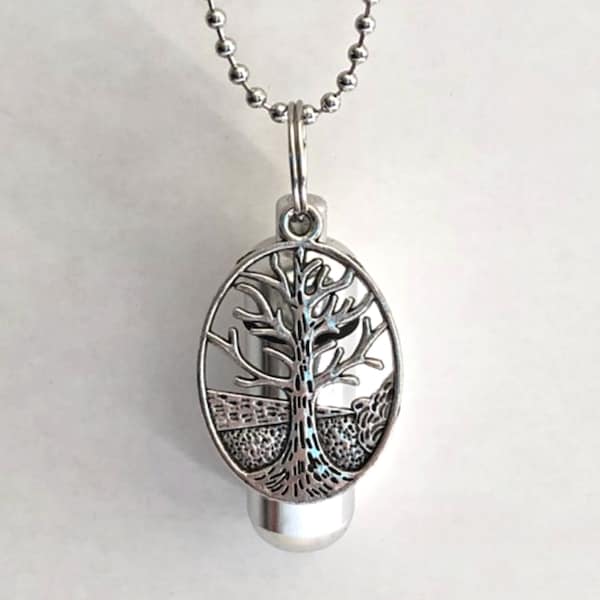 Large Oval Tree Of Life CREMATION URN - Includes 24" Ball Chain Necklace, Velvet Pouch and Fill Kit