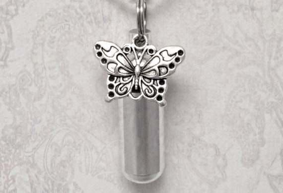 Silver Cremation Urn Necklace with Silver BUTTERFLY Charm - Urn for Human Ashes, Child Urn, Pet Keepsake, Infant Urn, Loss of Mother