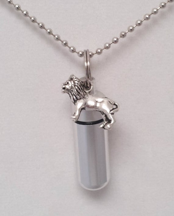 LION Personal Cremation Urn Necklace Keepsake -  includes Velvet Pouch, Ball-chain Necklace & Fill Kit