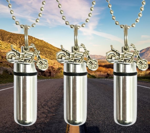 Set of Three Silver MOTORCYCLE CREMATION URN Necklaces with Laser Engraved American Flags - Urn Jewelry, Urn for Men, Memorial Keepsake