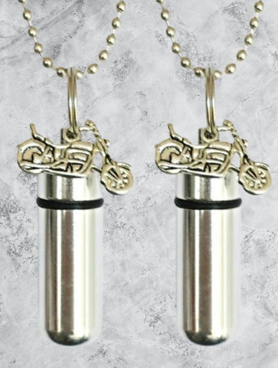 Set Of Two MOTORCYCLE CREMATION URN Necklaces with Laser Engraved American Flags, Mourning Jewelry, Urn Necklace, Pet Urn, Loss of loved one